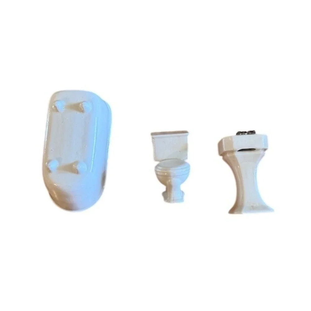 Miniature Dollhouse Bathroom Set Victorian White Tub Toilet Pedestal Sink
